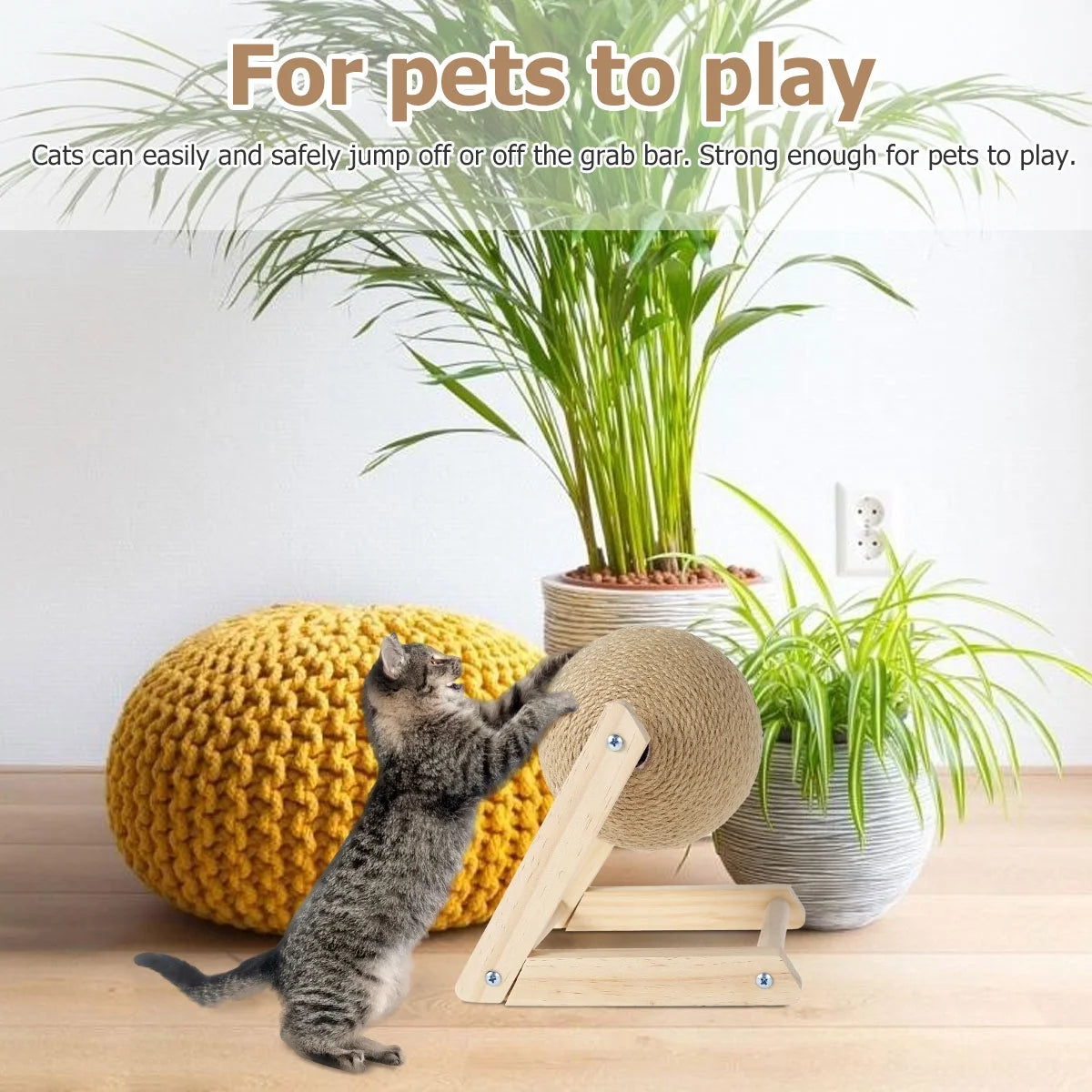 Cat Scratching Ball Natural Sisal with Catnip Interactive Solid Wood Scratcher Ball